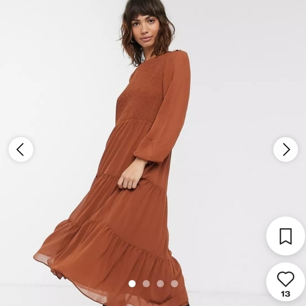 Modest Warehouse trapeze maxi dress with shirred bodice in tan Sz 10